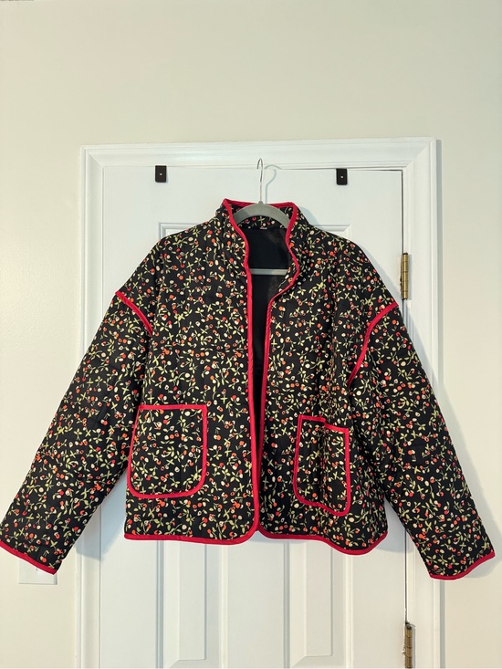 Jackets & Blazers - Black Quilted Floral Jacket with Red Trim